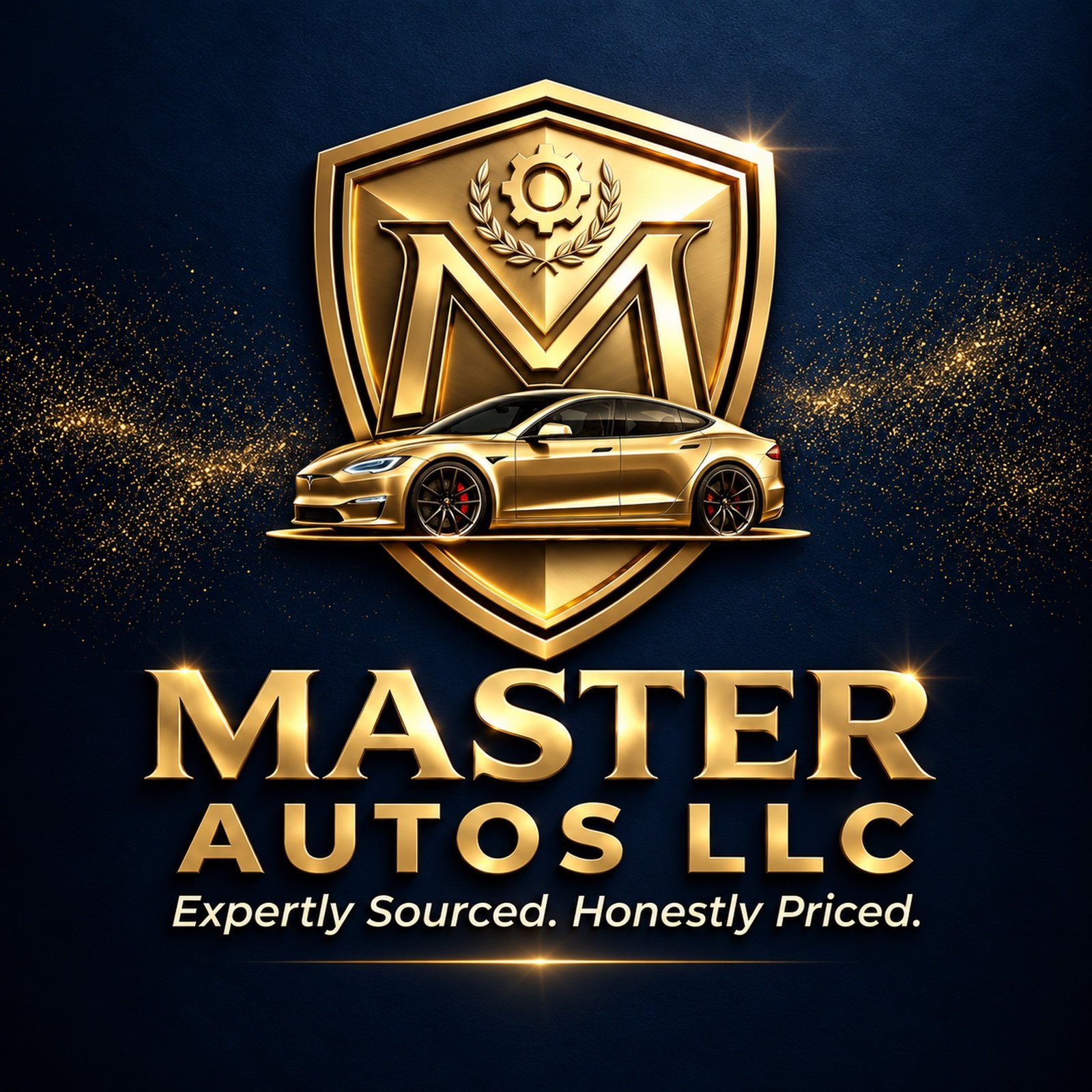 Master Autos LLC gold shield and Tesla logo. Expertly Sourced. Honestly Priced.