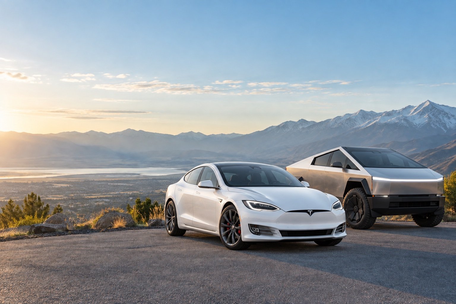 Illustrative Tesla Model S and Cybertruck at a Utah-inspired mountain overlook